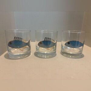 Vintage MCM Couroc Of Monterey mosaic blue gold fish Whiskey Glasses Set of 3